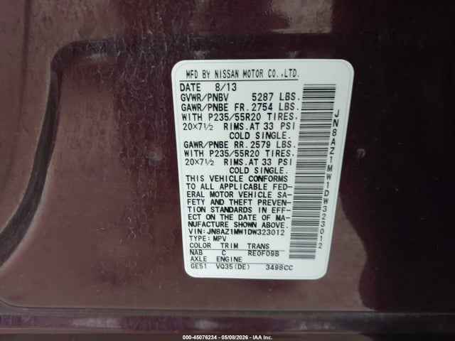 45076234 :رقم المزاد ، JN8AZ1MW1DW323012 vin ، 2013 Nissan Murano Le مزاد بيع