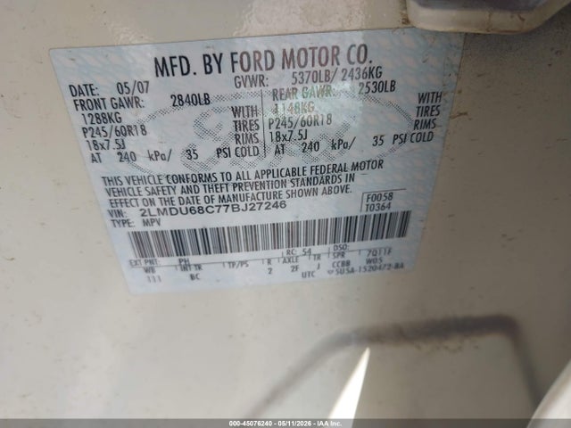 45076240 :رقم المزاد ، 2LMDU68C77BJ27246 vin ، 2007 Lincoln Mkx مزاد بيع