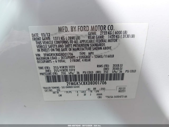 Aukcja sprzedaży 2013 Ford Flex Sel, vin: 2FMGK5C8XDBD01706, numer aukcji: 45076248
