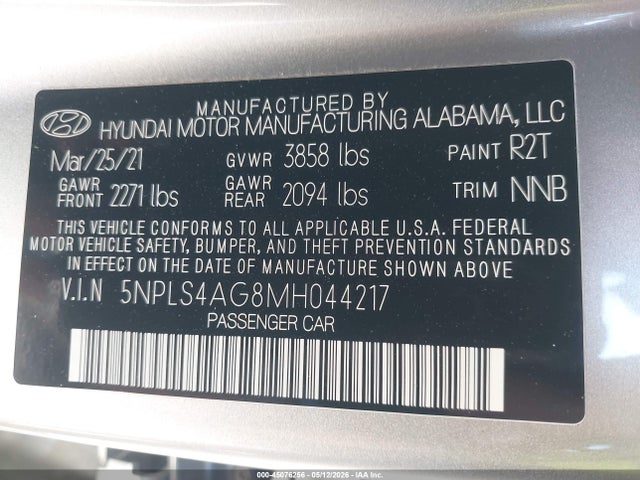 2021 Hyundai Elantra Sel მანქანა იყიდება აუქციონზე, vin: 5NPLS4AG8MH044217, აუქციონის ნომერი: 45076256