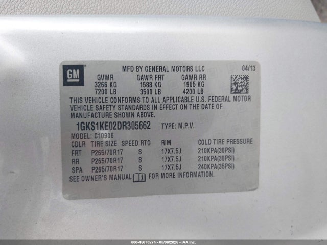 2013 Gmc Yukon Xl 1500 Slt მანქანა იყიდება აუქციონზე, vin: 1GKS1KE02DR305662, აუქციონის ნომერი: 45076274