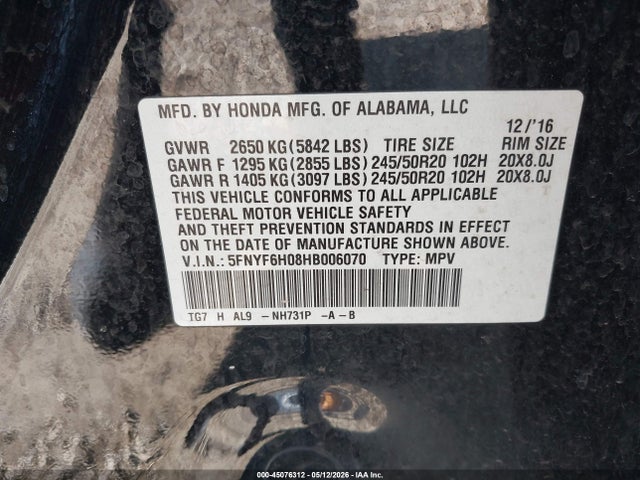 45076312 :رقم المزاد ، 5FNYF6H08HB006070 vin ، 2017 Honda Pilot Elite مزاد بيع