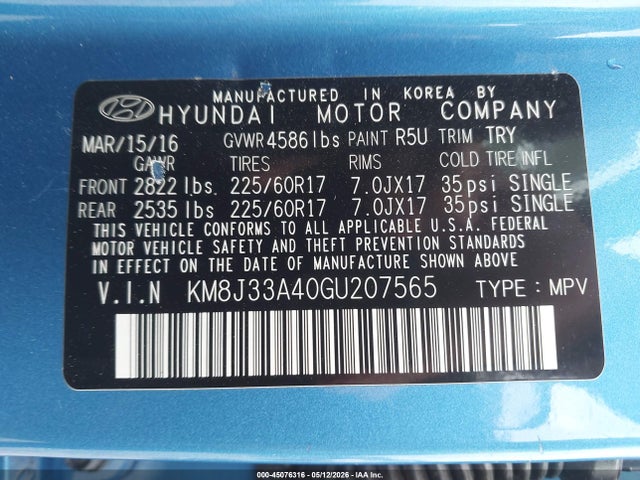 Продаж на аукціоні авто 2016 Hyundai Tucson Se, vin: KM8J33A40GU207565, номер лоту: 45076316