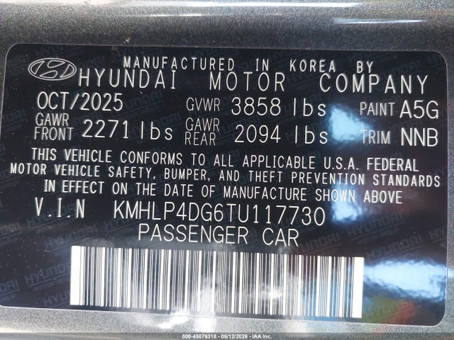 45076318 :رقم المزاد ، KMHLP4DG6TU117730 vin ، 2026 Hyundai Elantra Limited مزاد بيع