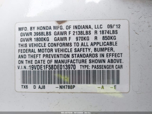 2013 Acura Ilx 2.0l მანქანა იყიდება აუქციონზე, vin: 19VDE1F58DE013970, აუქციონის ნომერი: 45076349