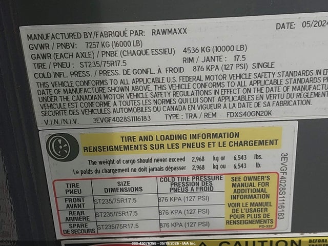Продаж на аукціоні авто 2025 Rawmaxx Trailer, vin: 3EVGF4028S1116183, номер лоту: 45076355
