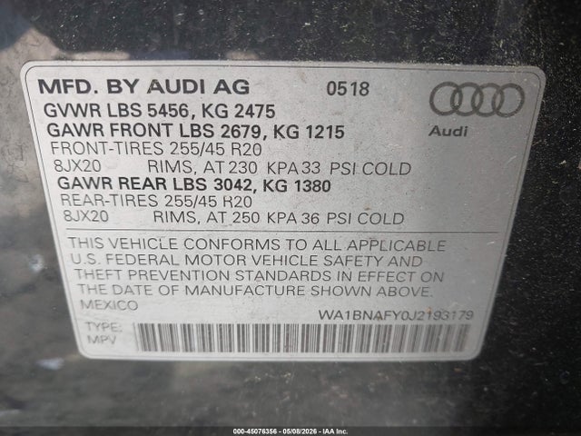 Aukcja sprzedaży 2018 Audi Q5 2.0t Premium/2.0t Tech Premium, vin: WA1BNAFY0J2193179, numer aukcji: 45076356