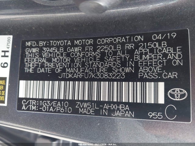 Auction sale of the 2019 Toyota Prius Xle, vin: JTDKARFU7K3083223, lot number: 45076392