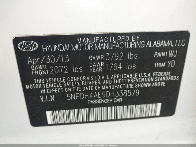 Aukcja sprzedaży 2013 Hyundai Elantra Gls, vin: 5NPDH4AE9DH338579, numer aukcji: 45076394