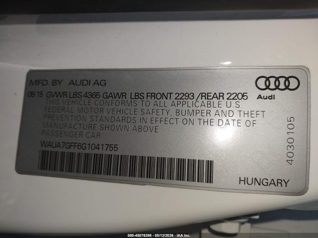 2016 Audi A3 1.8t Premium მანქანა იყიდება აუქციონზე, vin: WAUA7GFF6G1041755, აუქციონის ნომერი: 45076398