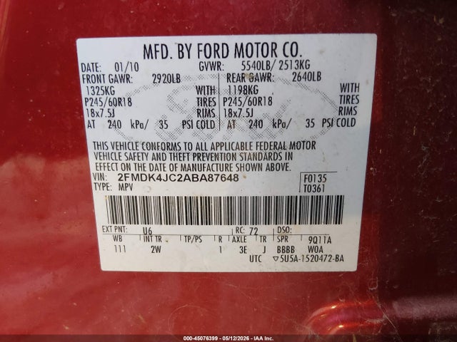 45076399 :رقم المزاد ، 2FMDK4JC2ABA87648 vin ، 2010 Ford Edge Sel مزاد بيع