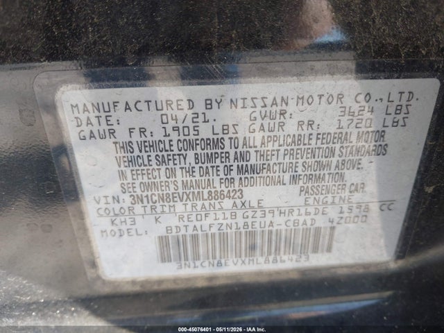 2021 Nissan Versa Sv Xtronic Cvt მანქანა იყიდება აუქციონზე, vin: 3N1CN8EVXML886423, აუქციონის ნომერი: 45076401