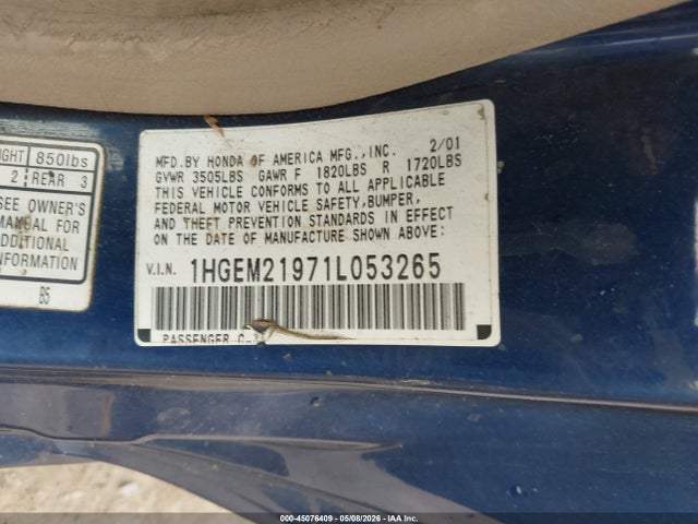 45076409 :رقم المزاد ، 1HGEM21971L053265 vin ، 2001 Honda Civic Ex مزاد بيع