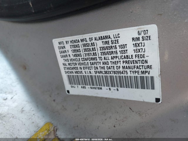 Продаж на аукціоні авто 2007 Honda Odyssey Lx, vin: 5FNRL382X7B099475, номер лоту: 45076410