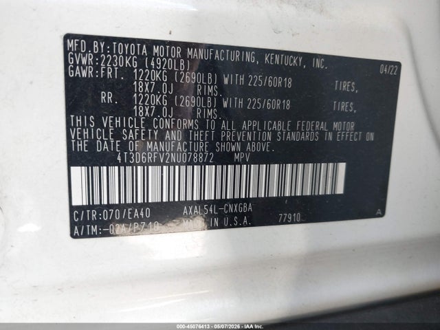 4T3D6RFV2NU078872 Toyota Rav4 Hybrid Limited