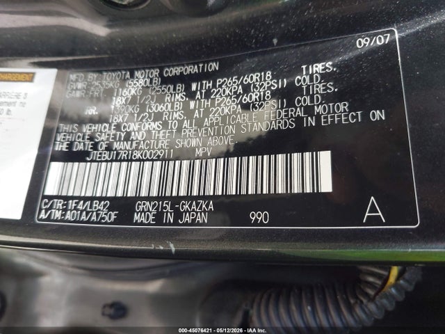 Aukcja sprzedaży 2008 Toyota 4runner Limited V6, vin: JTEBU17R18K002911, numer aukcji: 45076421