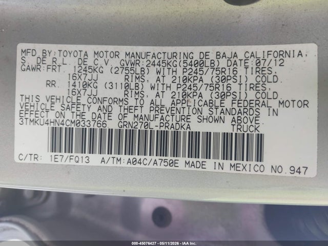 2012 Toyota Tacoma Prerunner V6 მანქანა იყიდება აუქციონზე, vin: 3TMKU4HN4CM033766, აუქციონის ნომერი: 45076427