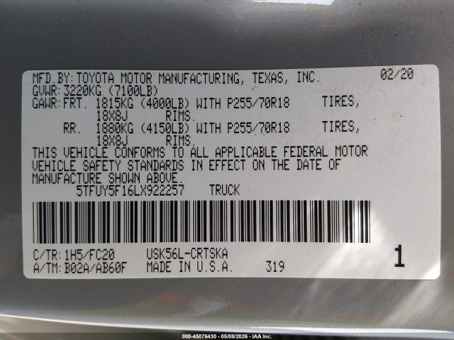 45076430 :رقم المزاد ، 5TFUY5F16LX922257 vin ، 2020 Toyota Tundra Sr5 مزاد بيع