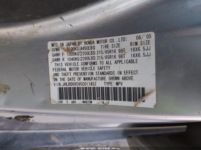 Продаж на аукціоні авто 2005 Honda Cr-v Lx, vin: JHLRD68595C017452, номер лоту: 45076437