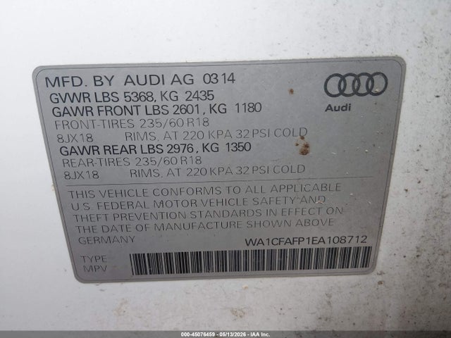 45076459 :رقم المزاد ، WA1CFAFP1EA108712 vin ، 2014 Audi Q5 2.0t Premium مزاد بيع
