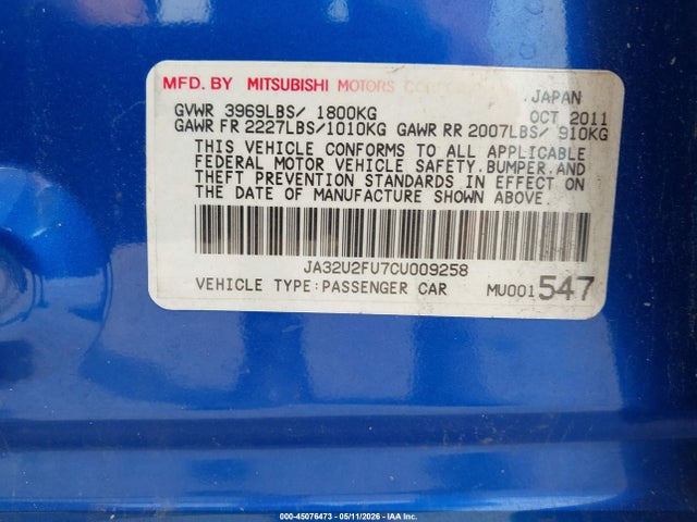 45076473 :رقم المزاد ، JA32U2FU7CU009258 vin ، 2012 Mitsubishi Lancer Es مزاد بيع