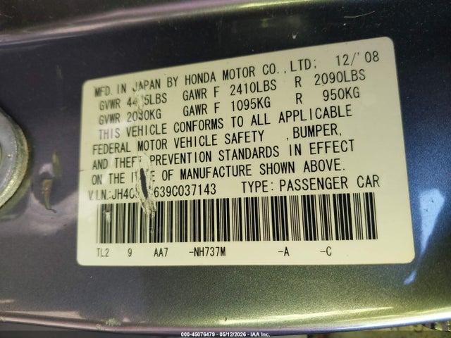 Продажа на аукционе авто 2009 Acura Tsx, vin: JH4CU26639C037143, номер лота: 45076479