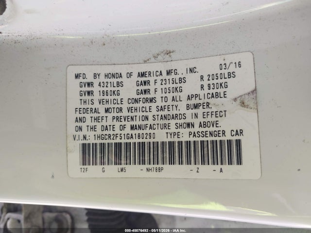 1HGCR2F51GA180290 Honda Accord Sport