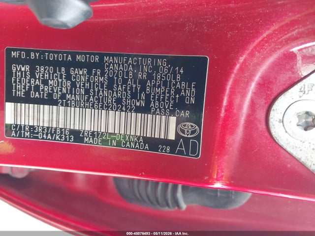 2014 Toyota Corolla Le მანქანა იყიდება აუქციონზე, vin: 2T1BURHE6EC202422, აუქციონის ნომერი: 45076493