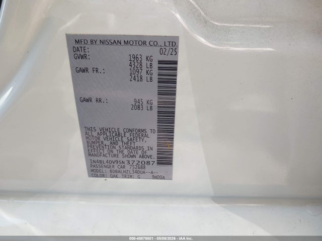 Продаж на аукціоні авто 2025 Nissan Altima Sv Fwd, vin: 1N4BL4DV9SN372087, номер лоту: 45076501