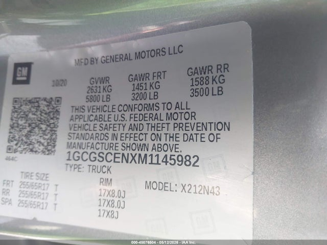 45076504 :رقم المزاد ، 1GCGSCENXM1145982 vin ، 2021 Chevrolet Colorado 2wd  Short Box Lt مزاد بيع