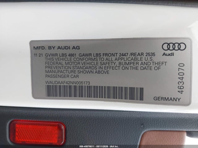45076511 :رقم المزاد ، WAUDAAF42NN005173 vin ، 2022 Audi A4 Premium 45 Tfsi S Line Quattro S Tronic مزاد بيع