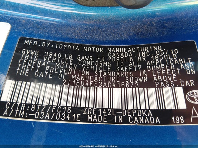 Aukcja sprzedaży 2010 Toyota Corolla Le, vin: 2T1BU4EE3AC416673, numer aukcji: 45076512