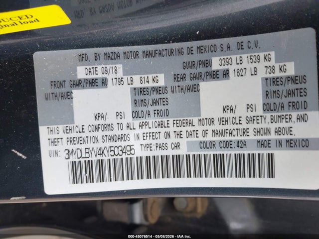 45076514 :رقم المزاد ، 3MYDLBYV4KY503495 vin ، 2019 Toyota Yaris Xle مزاد بيع