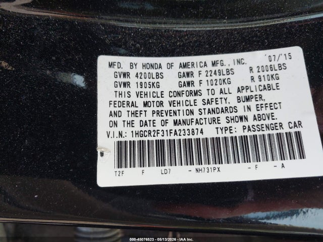 Продажа на аукционе авто 2015 Honda Accord Lx, vin: 1HGCR2F31FA233874, номер лота: 45076523
