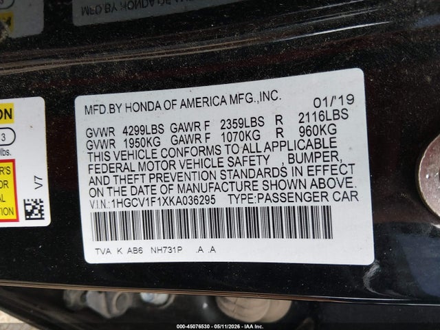 45076530 :رقم المزاد ، 1HGCV1F1XKA036295 vin ، 2019 Honda Accord Lx مزاد بيع