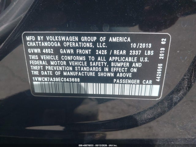 Aukcja sprzedaży 2014 Volkswagen Passat 2.0l Tdi Sel Premium, vin: 1VWCN7A39EC043688, numer aukcji: 45076533