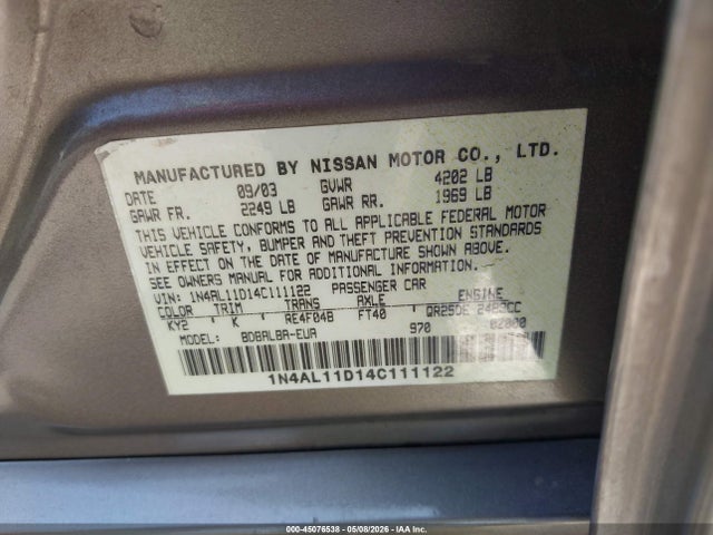 Auction sale of the 2004 Nissan Altima 2.5 S, vin: 1N4AL11D14C111122, lot number: 45076538