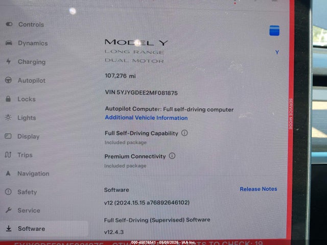 45076541 :رقم المزاد ، 5YJYGDEE2MF081875 vin ، 2021 Tesla Model Y Long Range Dual Motor All-wheel Drive مزاد بيع