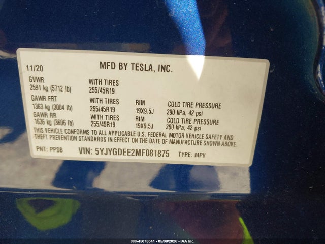 45076541 :رقم المزاد ، 5YJYGDEE2MF081875 vin ، 2021 Tesla Model Y Long Range Dual Motor All-wheel Drive مزاد بيع