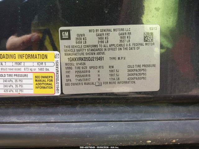 2013 Gmc Acadia Slt-1 მანქანა იყიდება აუქციონზე, vin: 1GKKVRKD5DJ219491, აუქციონის ნომერი: 45076549