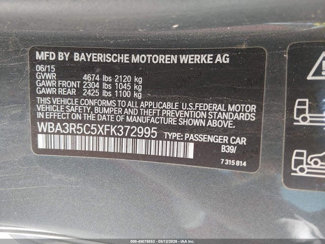 45076552 :رقم المزاد ، WBA3R5C5XFK372995 vin ، 2015 Bmw 435i Xdrive مزاد بيع
