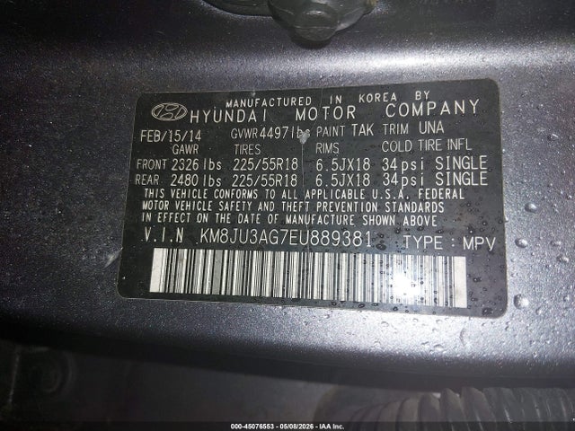 45076553 :رقم المزاد ، KM8JU3AG7EU889381 vin ، 2014 Hyundai Tucson Limited مزاد بيع