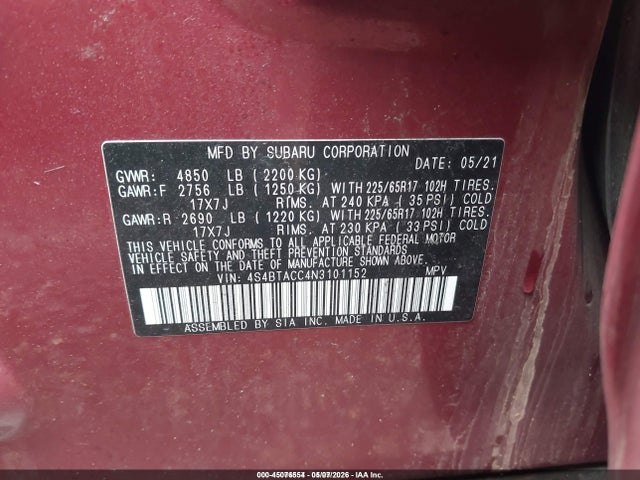 Продажа на аукционе авто 2022 Subaru Outback Premium, vin: 4S4BTACC4N3101152, номер лота: 45076554