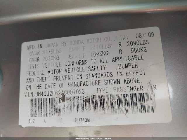 Aukcja sprzedaży 2010 Acura Tsx 2.4, vin: JH4CU2F62AC007023, numer aukcji: 45076562