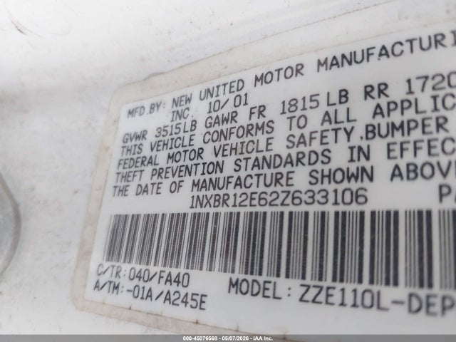 45076568 :رقم المزاد ، 1NXBR12E62Z633106 vin ، 2002 Toyota Corolla Le مزاد بيع