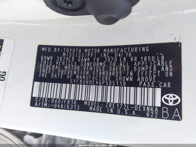 45076570 :رقم المزاد ، 5YFBURHE4GP505119 vin ، 2016 Toyota Corolla Le مزاد بيع