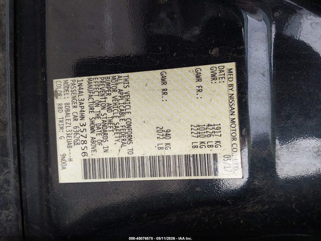 2017 Nissan Altima 2.5 S მანქანა იყიდება აუქციონზე, vin: 1N4AL3AP4HN357856, აუქციონის ნომერი: 45076575