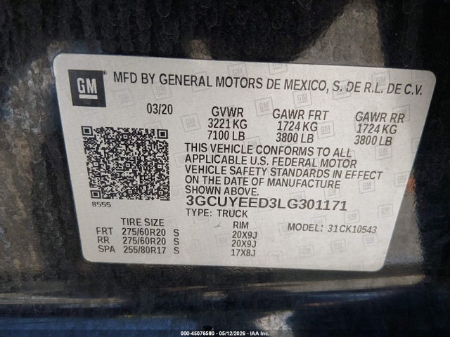 45076580 :رقم المزاد ، 3GCUYEED3LG301171 vin ، 2020 Chevrolet Silverado 1500 4wd  Short Bed Rst مزاد بيع