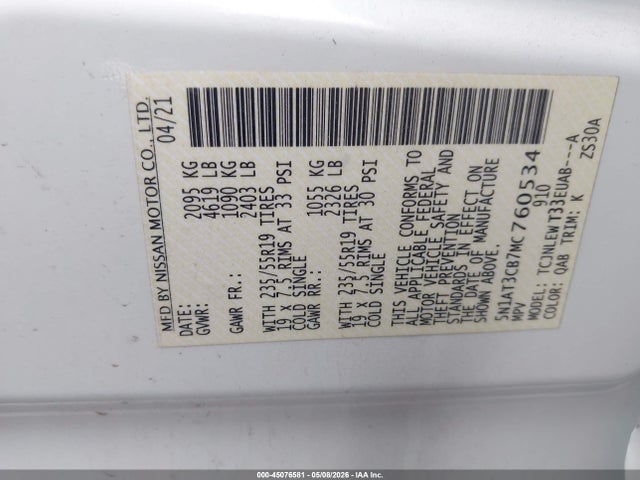 45076581 :رقم المزاد ، 5N1AT3CB7MC760534 vin ، 2021 Nissan Rogue Sl Intelligent Awd مزاد بيع