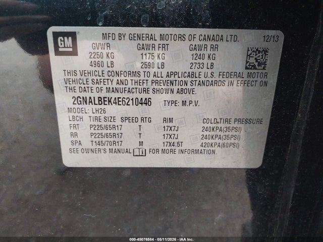 45076584 :رقم المزاد ، 2GNALBEK4E6210446 vin ، 2014 Chevrolet Equinox 1lt مزاد بيع